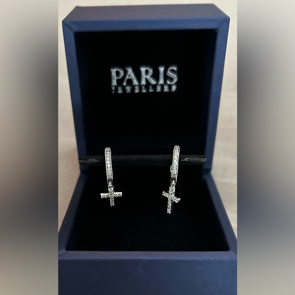 NIB Silver Diamond Cross Hoop Earrings